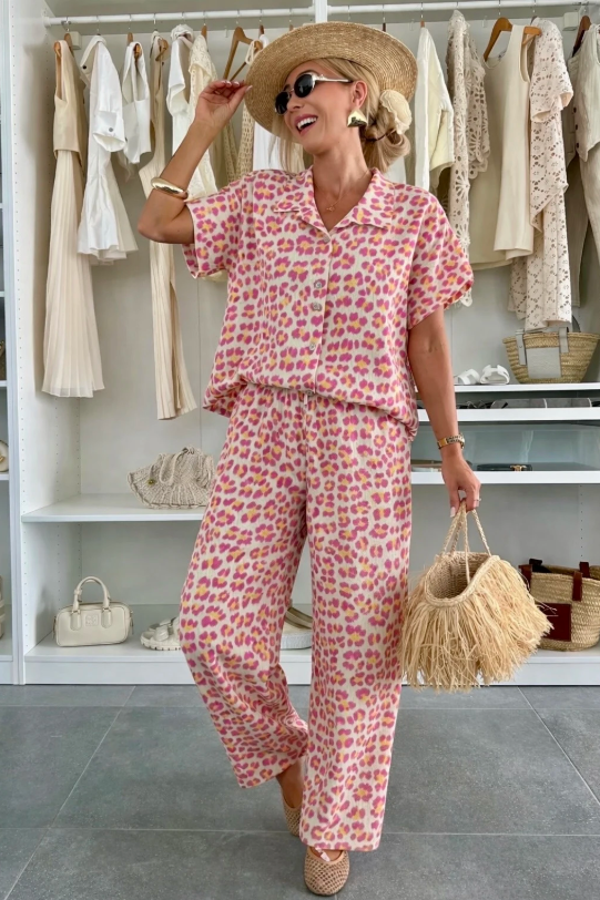 Ensemble gaze de coton chemise pantalon imprimé léopard